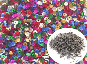 Zestaw do dekoracji - Cekiny Matowe 6mm mix 20g + Szpilki do cekinów 50g