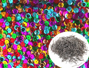 Zestaw do dekoracji- Cekiny Błyszczące 6mm mix 20g + Szpilki do cekinów 50g