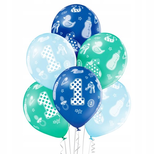 BALONY 1 urodziny chłopiec NIEBIESKIE zielone 6szt
