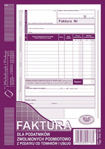 FAKTURA dla podatników zwolnionych A5 202-3E 80k
