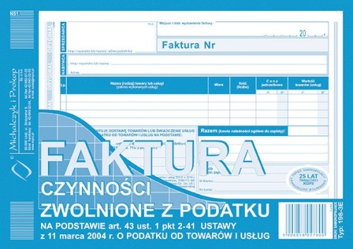 FAKTURA BEZ VAT dla zwolnionych DRUK A5 198-3E 80k