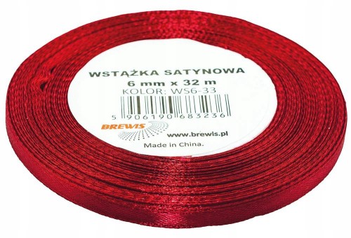WSTĄŻKA SATYNOWA tasiemka atłas 6mm 32m C.CZERWONA