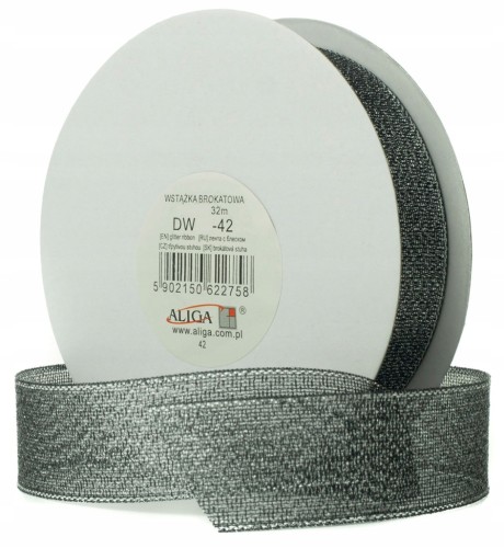 WSTĄŻKA BROKATOWA tasiemka 12mm 32m C.SREBRNA